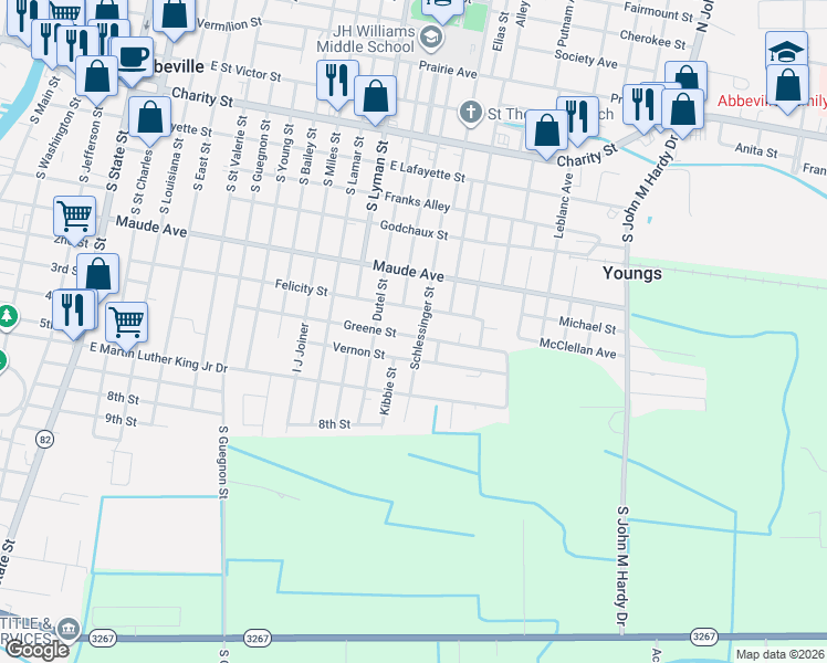 map of restaurants, bars, coffee shops, grocery stores, and more near 1401-1407 Greene Avenue in Abbeville