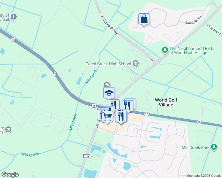 map of restaurants, bars, coffee shops, grocery stores, and more near 3750 International Golf Parkway in St. Augustine
