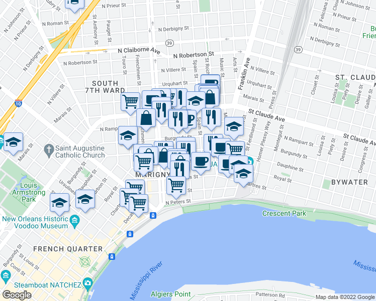 map of restaurants, bars, coffee shops, grocery stores, and more near Dauphine St & Mandeville St in New Orleans