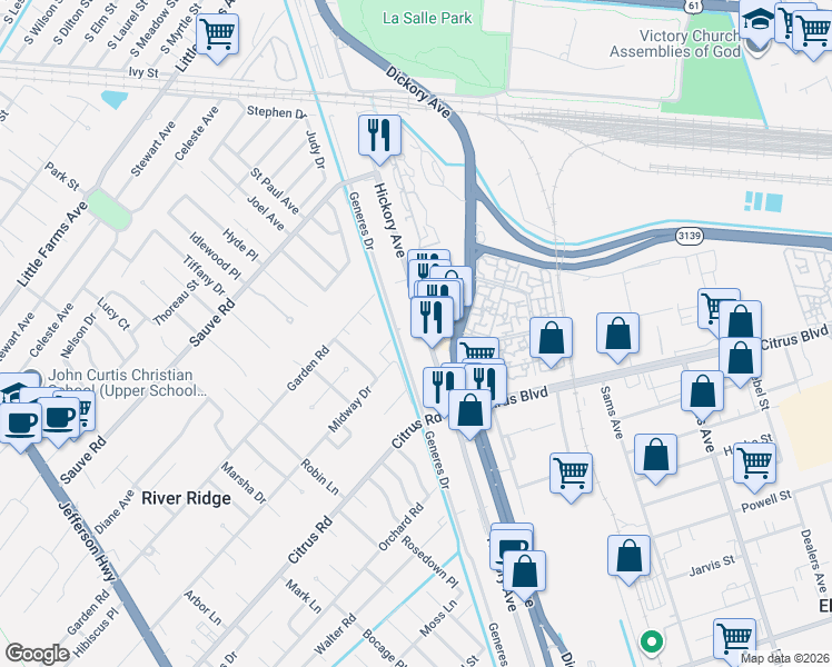 map of restaurants, bars, coffee shops, grocery stores, and more near 1913 Generes Drive in Harahan