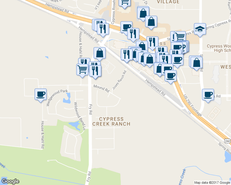 map of restaurants, bars, coffee shops, grocery stores, and more near 15100 Mound Road in Cypress