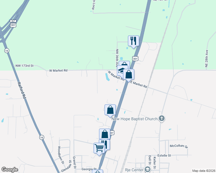 map of restaurants, bars, coffee shops, grocery stores, and more near 1901 North Temple Avenue in Starke
