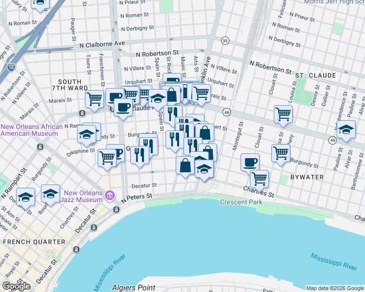 map of restaurants, bars, coffee shops, grocery stores, and more near 731 Franklin Avenue in New Orleans