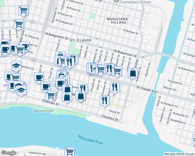map of restaurants, bars, coffee shops, grocery stores, and more near 3820 Saint Claude Avenue in New Orleans
