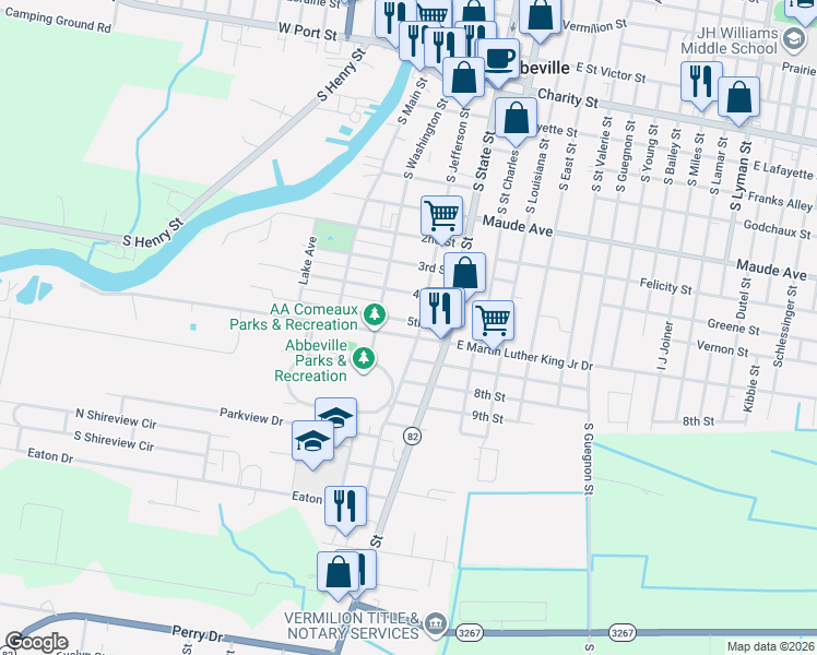 map of restaurants, bars, coffee shops, grocery stores, and more near 200-298 A A Comeaux Memorial Drive in Abbeville