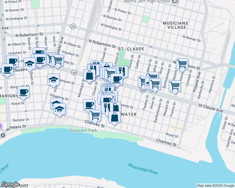 map of restaurants, bars, coffee shops, grocery stores, and more near 929 Piety Street in New Orleans