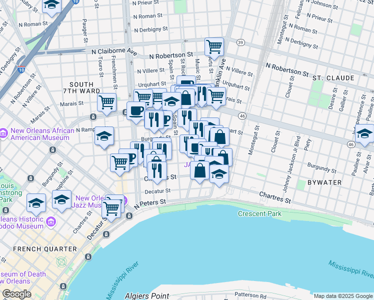 map of restaurants, bars, coffee shops, grocery stores, and more near 2460 Dauphine Street in New Orleans