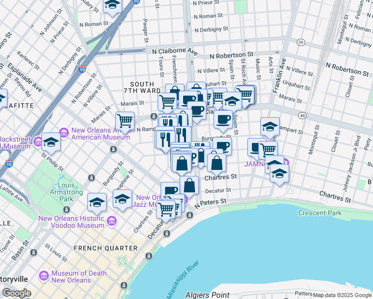 map of restaurants, bars, coffee shops, grocery stores, and more near in New Orleans