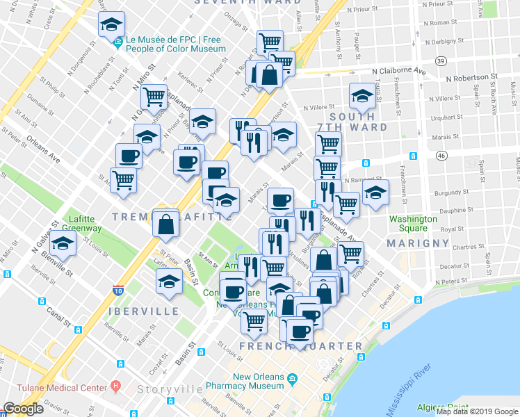 map of restaurants, bars, coffee shops, grocery stores, and more near 1317 Ursulines Avenue in New Orleans
