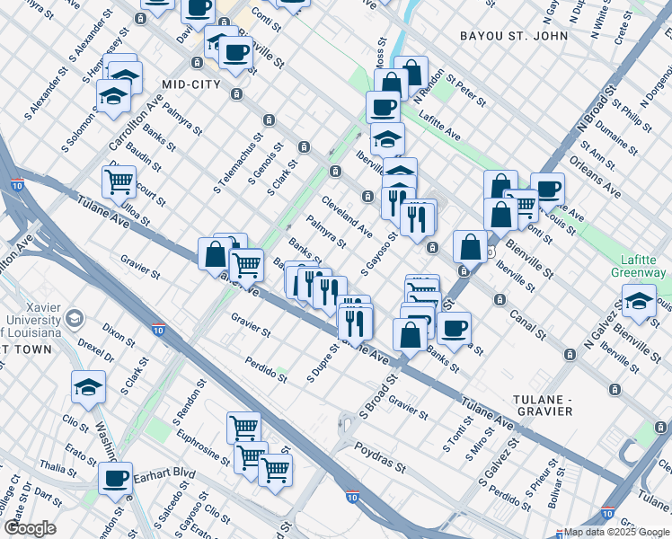 map of restaurants, bars, coffee shops, grocery stores, and more near 3013 Banks Street in New Orleans