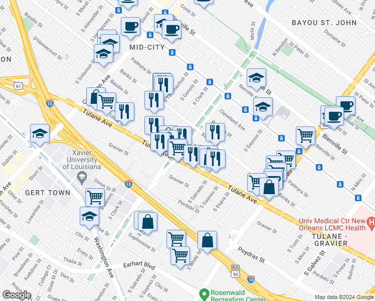 map of restaurants, bars, coffee shops, grocery stores, and more near 542 South Norman C Francis Parkway in New Orleans