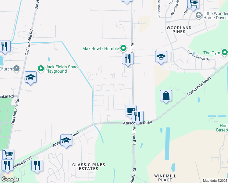 map of restaurants, bars, coffee shops, grocery stores, and more near 2710 Wilson Road in Humble