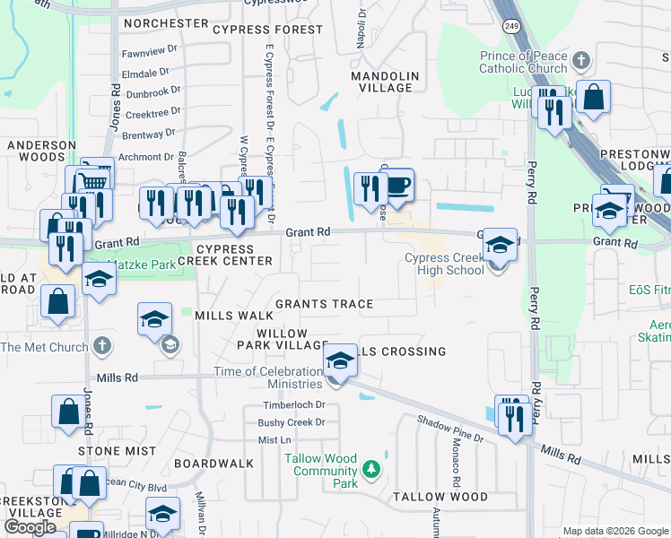 map of restaurants, bars, coffee shops, grocery stores, and more near 10426 Early Square Court in Houston