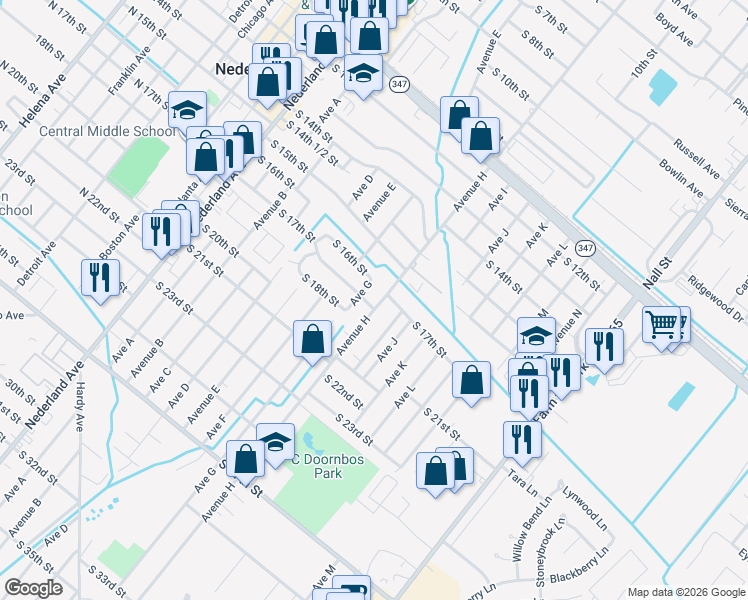 map of restaurants, bars, coffee shops, grocery stores, and more near 1620 Avenue H in Nederland