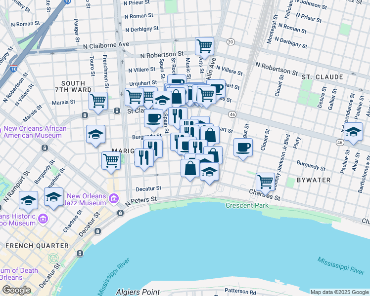 map of restaurants, bars, coffee shops, grocery stores, and more near 2510 Dauphine Street in New Orleans