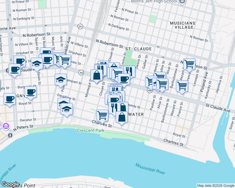 map of restaurants, bars, coffee shops, grocery stores, and more near 929 Piety Street in New Orleans