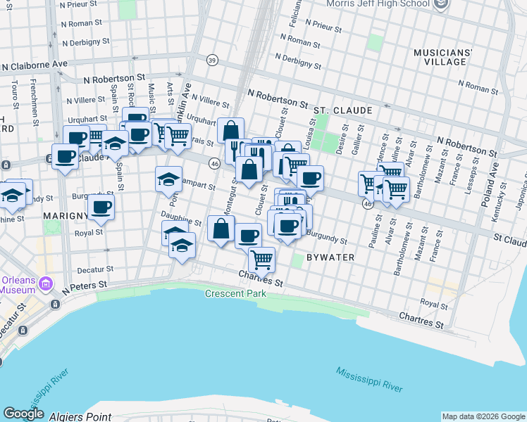 map of restaurants, bars, coffee shops, grocery stores, and more near 900 Clouet Street in New Orleans