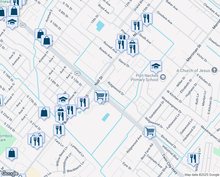 map of restaurants, bars, coffee shops, grocery stores, and more near 885 Ridgewood Drive in Port Neches