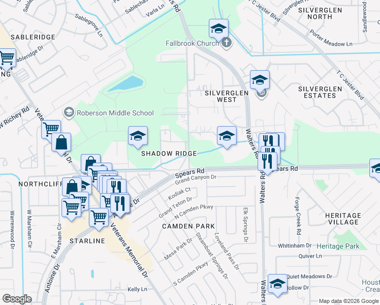 map of restaurants, bars, coffee shops, grocery stores, and more near 12239 Old Walters Road in Houston
