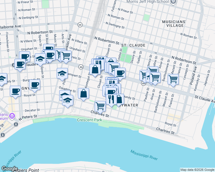 map of restaurants, bars, coffee shops, grocery stores, and more near 3147 Burgundy Street in New Orleans