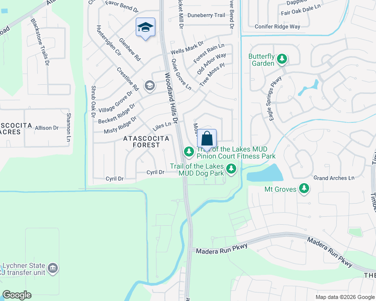 map of restaurants, bars, coffee shops, grocery stores, and more near 16311 Pinion Court in Humble