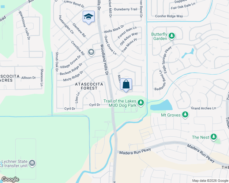 map of restaurants, bars, coffee shops, grocery stores, and more near 16302 Pinion Court in Humble