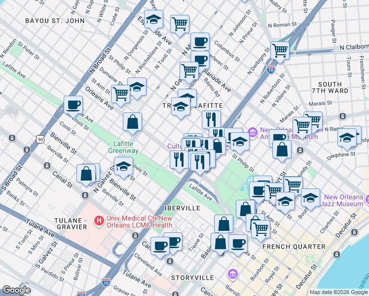 map of restaurants, bars, coffee shops, grocery stores, and more near 1727 Saint Ann Street in New Orleans