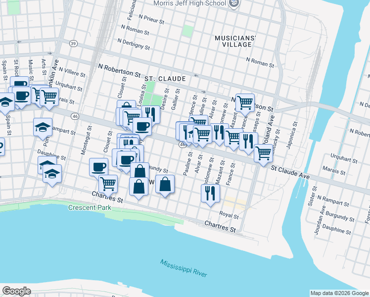 map of restaurants, bars, coffee shops, grocery stores, and more near 1024 Pauline Street in New Orleans