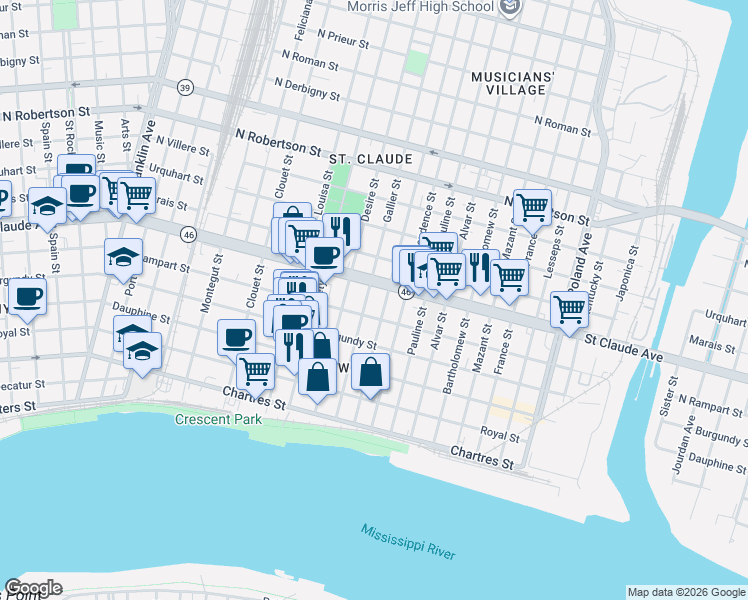 map of restaurants, bars, coffee shops, grocery stores, and more near 1011 Congress Street in New Orleans