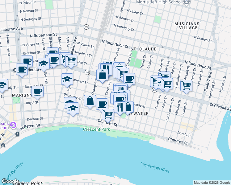map of restaurants, bars, coffee shops, grocery stores, and more near 3147 Burgundy Street in New Orleans