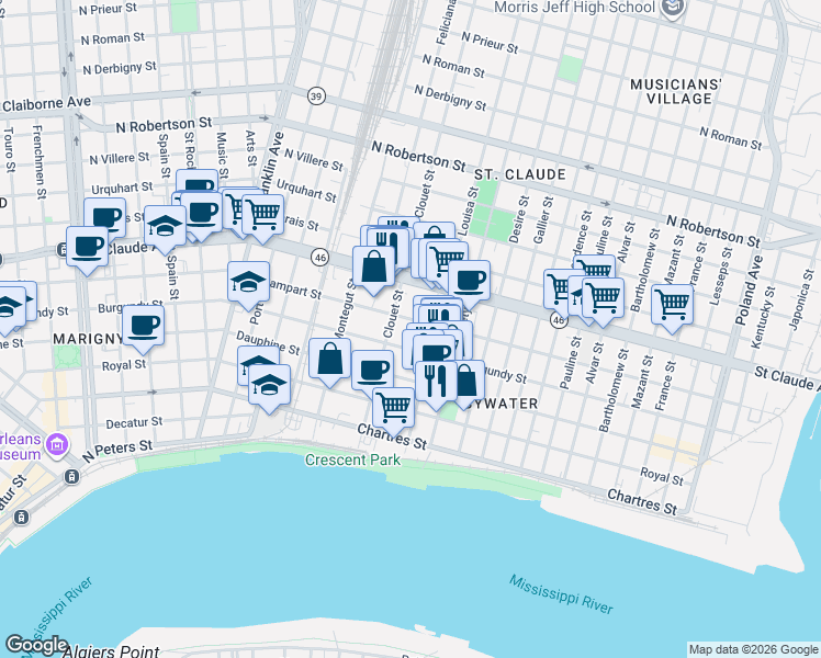map of restaurants, bars, coffee shops, grocery stores, and more near 3147 Burgundy Street in New Orleans