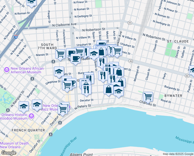 map of restaurants, bars, coffee shops, grocery stores, and more near 2460 Dauphine Street in New Orleans