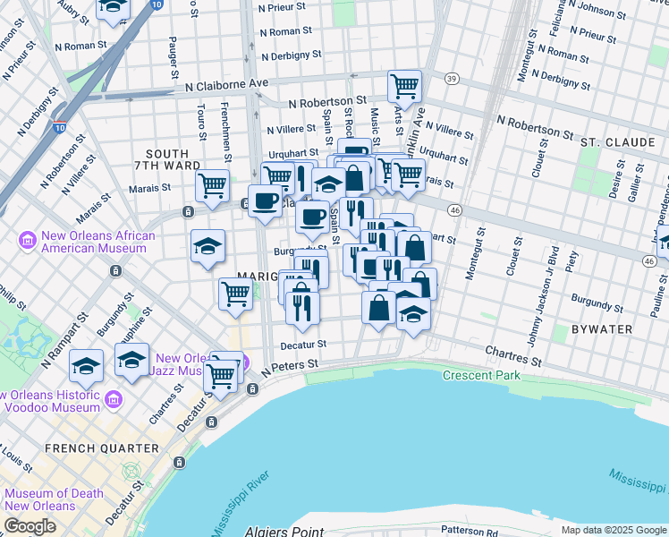 map of restaurants, bars, coffee shops, grocery stores, and more near 2460 Dauphine Street in New Orleans