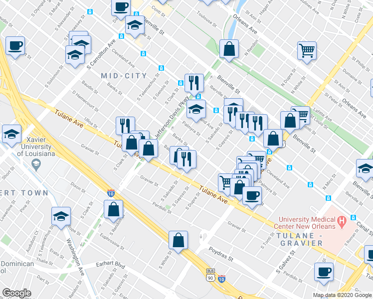 map of restaurants, bars, coffee shops, grocery stores, and more near 416 South Lopez Street in New Orleans