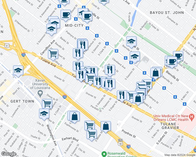 map of restaurants, bars, coffee shops, grocery stores, and more near 504 South Rendon Street in New Orleans