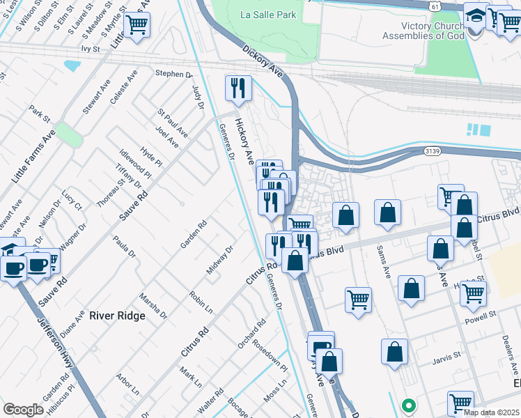 map of restaurants, bars, coffee shops, grocery stores, and more near 1913 Generes Drive in Harahan