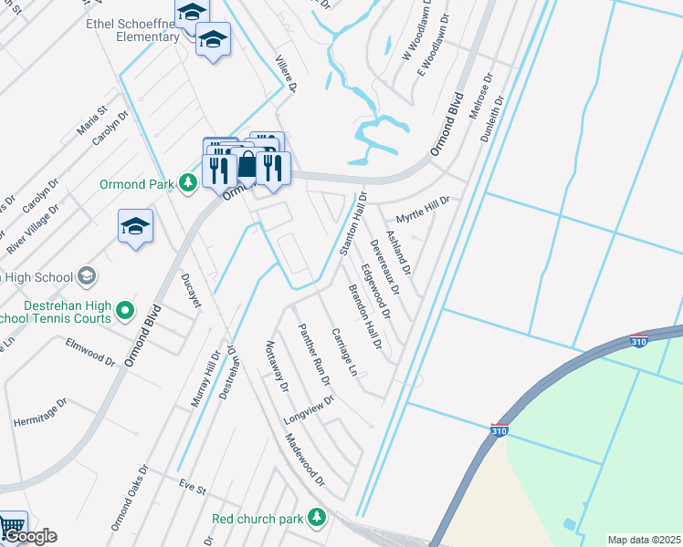 map of restaurants, bars, coffee shops, grocery stores, and more near 17 Brandon Hall Drive in Destrehan