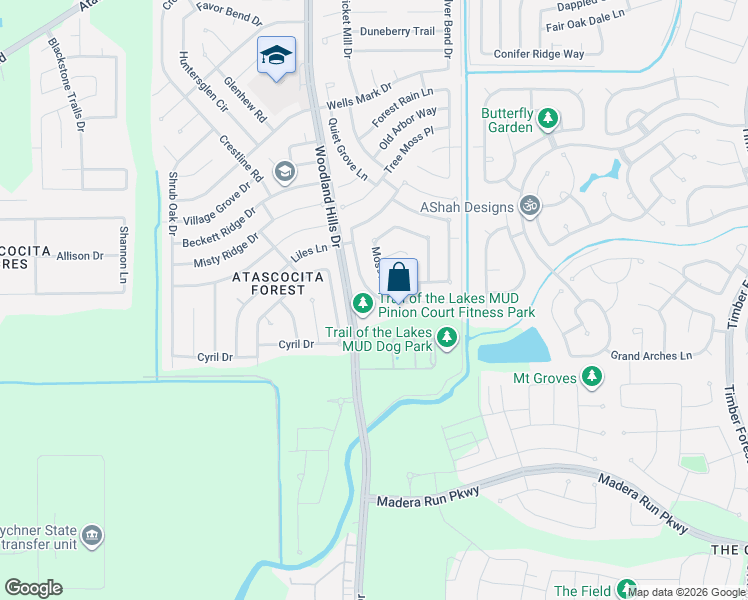 map of restaurants, bars, coffee shops, grocery stores, and more near 16302 Pinion Court in Humble