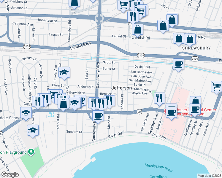 map of restaurants, bars, coffee shops, grocery stores, and more near 1001 Claiborne Drive in Jefferson