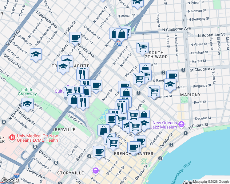 map of restaurants, bars, coffee shops, grocery stores, and more near 1317 Ursulines Avenue in New Orleans
