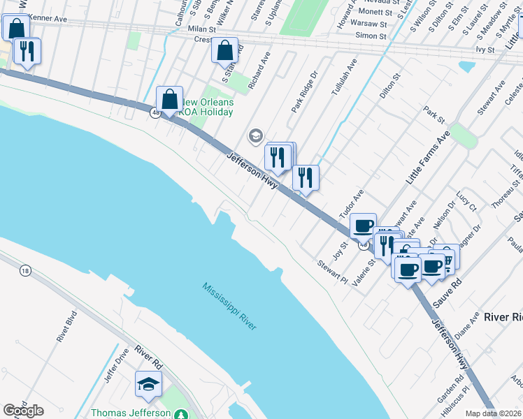map of restaurants, bars, coffee shops, grocery stores, and more near 100 Tullulah Avenue in River Ridge