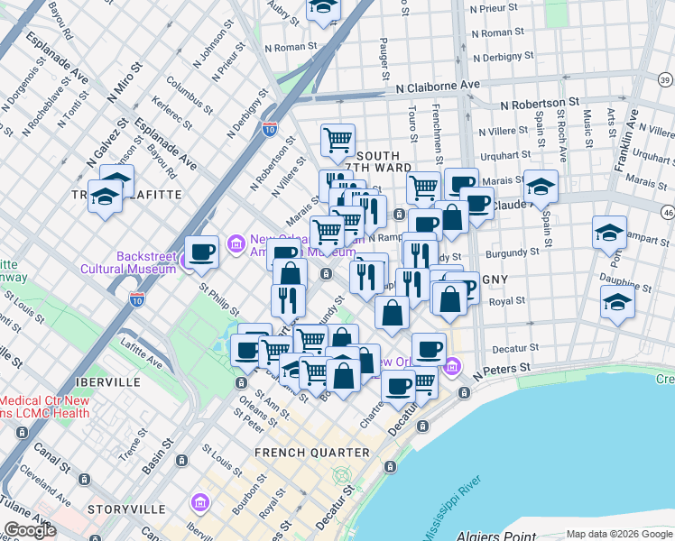 map of restaurants, bars, coffee shops, grocery stores, and more near in New Orleans