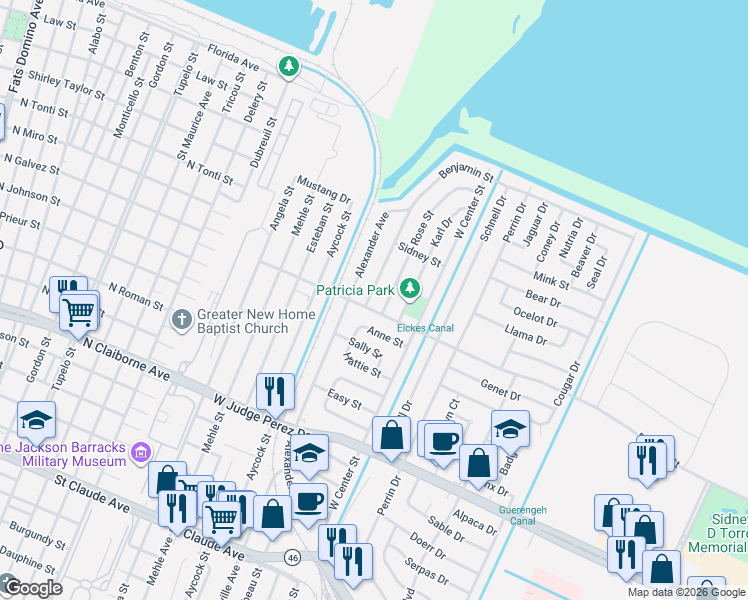 map of restaurants, bars, coffee shops, grocery stores, and more near 7221 Patricia Street in Arabi