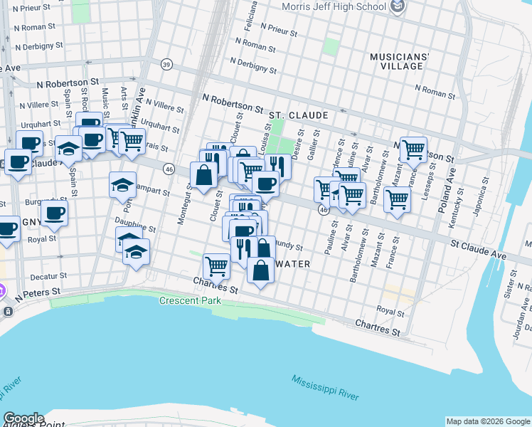 map of restaurants, bars, coffee shops, grocery stores, and more near 929 Piety Street in New Orleans