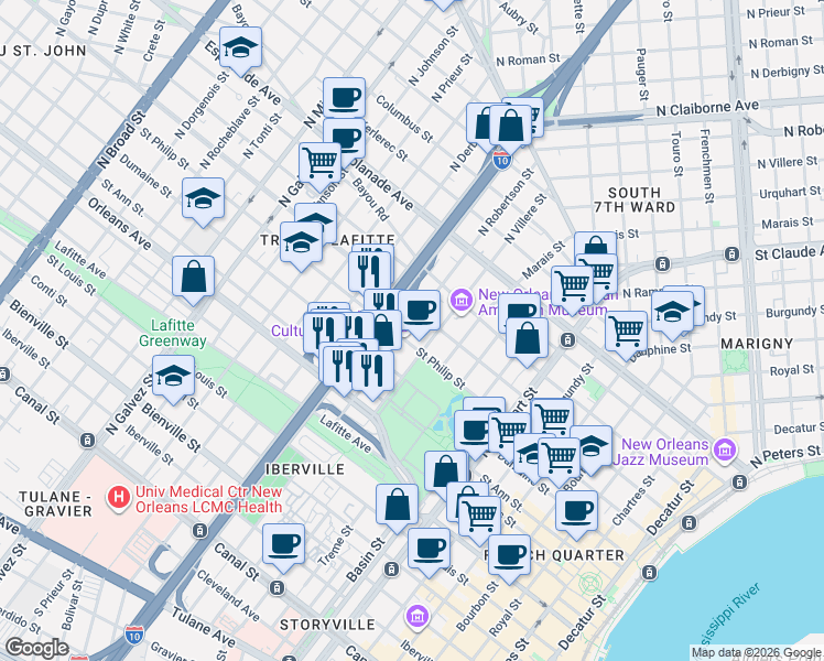map of restaurants, bars, coffee shops, grocery stores, and more near 934 North Robertson Street in New Orleans