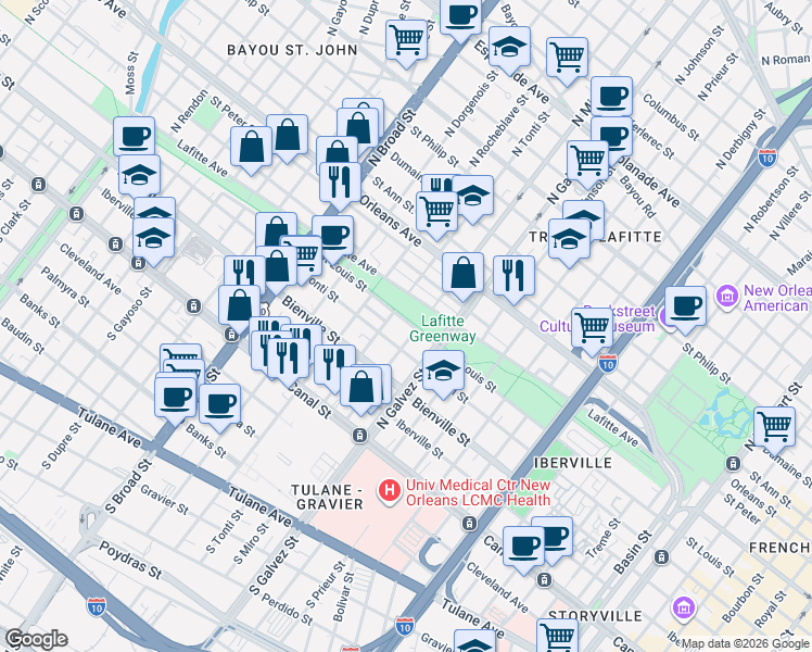 map of restaurants, bars, coffee shops, grocery stores, and more near 2309 Conti Street in New Orleans