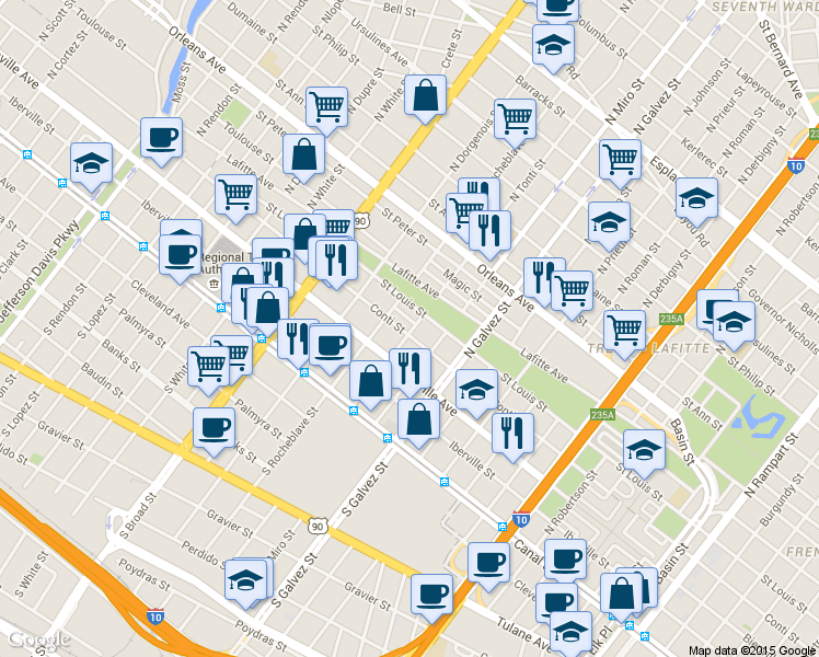 map of restaurants, bars, coffee shops, grocery stores, and more near 2309 Conti Street in New Orleans