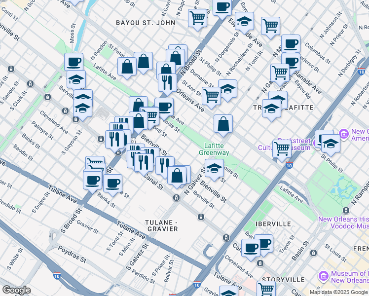 map of restaurants, bars, coffee shops, grocery stores, and more near in New Orleans