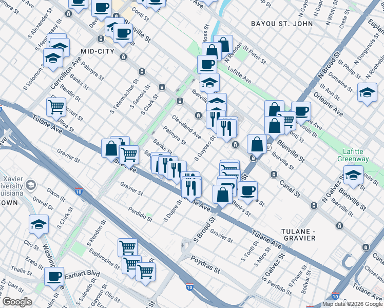 map of restaurants, bars, coffee shops, grocery stores, and more near 3013 Banks Street in New Orleans