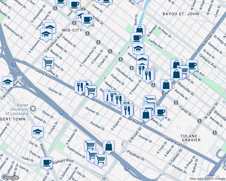 map of restaurants, bars, coffee shops, grocery stores, and more near 416 South Lopez Street in New Orleans